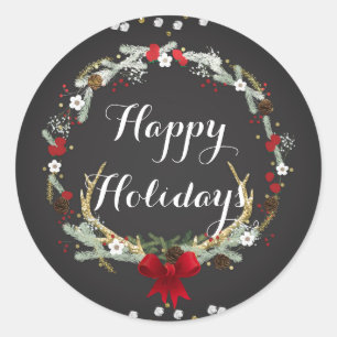 Sticker Rond Fête de Noël rustique Antler Wreath Fête Favoriser