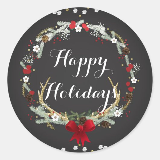 Sticker Rond Fête de Noël rustique Antler Wreath Fête Favoriser (Devant)
