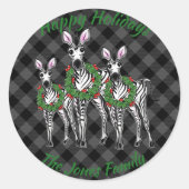 Sticker Rond Fête de Noël Zebras, xmas wreath, plaid gris (Devant)