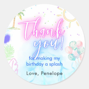 Sticker Rond Fête de piscine à l'aquarelle néon moderne Merci