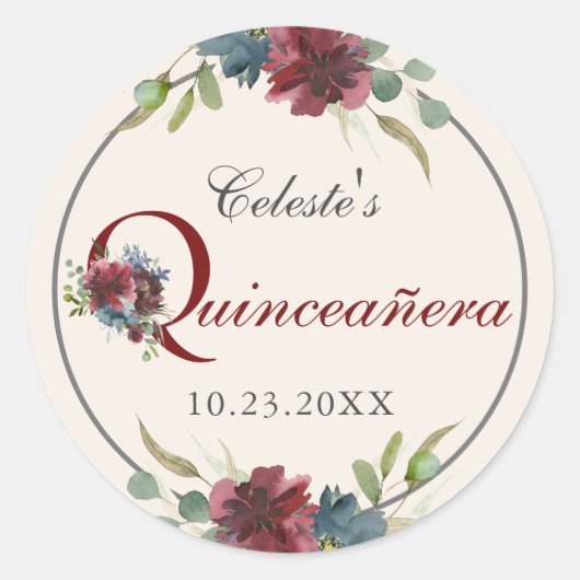 Sticker Rond Fête de Quinceañera aux fleurs de Bourgogne et de  (Devant)