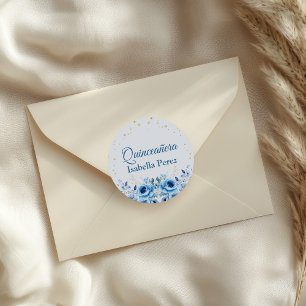 Sticker Rond Fête de Quinceañera Fleurie Bleu Clair et Paillett