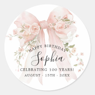 Sticker Rond Fête des 100 ans d'anniversaire Ruban rose avec ro