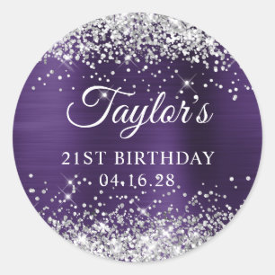 Sticker Rond Fête des 21 ans Violet Foncé Argent Pailleté