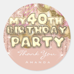 Sticker Rond Fête des 40 ans de Nom PartyGlitter Ballon Or