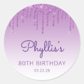 Sticker Rond Fête des 80 ans Purple Glitter Drip (Devant)
