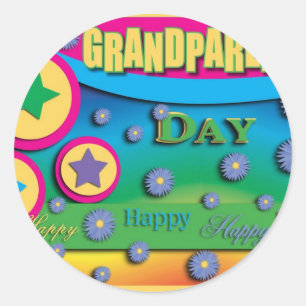 Sticker Rond Fête des grands-parents, étoiles et fleurs bleues