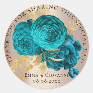 Sticker Rond Fête des mariées 16e Remerciements Fleurs Turquois