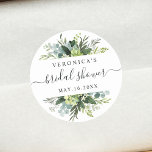 Sticker Rond Fête des mariées de feuillage vert Eucalyptus<br><div class="desc">Cet autocollant de douche nuptiale mariage présente des eucalyptus à l'aquarelle peinte,  du vert botanique et des feuilles bleu clair avec une calligraphie moderne. Pour une personnalisation plus avancée de cette conception,  cliquez sur le BOUTON OUTIL DESIGN BLEU. Des articles correspondants sont également disponibles.</div>