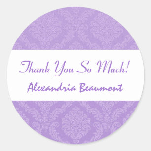 Sticker Rond Fête des mariées Merci Lavender Purple Damask V59