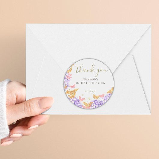 Sticker Rond Fête des mariées papillon Hydrangea Merci or