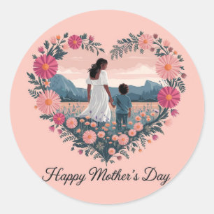 Sticker Rond Fête des Mères au coeur Design : Maman et Enfant