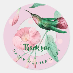 Sticker Rond Fête des Mères Colibri rose Mint Floral Cadeau