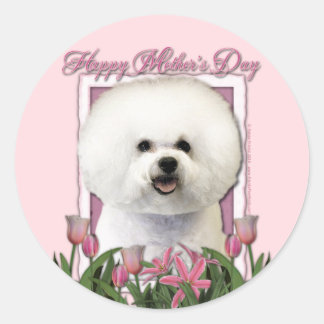 Sticker Rond Fête des mères - Tulipes roses - Bichon Frise