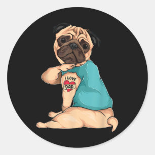 Sticker Rond Fête des pères Cadeau Drôle Chien Carlin J'aime Pa