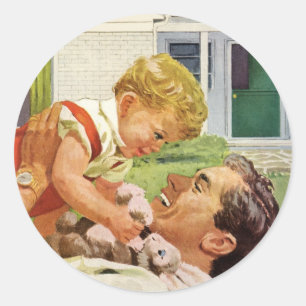 Sticker Rond Fête des Pères vintage, famille heureuse en banlie