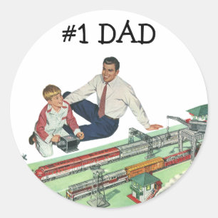 Sticker Rond Fête des pères vintage, père et fils avec Trains