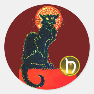 STICKER ROND FÊTE D'HALLOWEEN CHAT NOIR MONOGRAMME