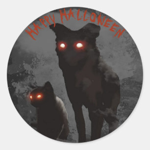 Sticker Rond Fête d'Halloween Evil Noir Chat Et Chien Noir