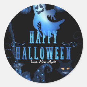 Sticker Rond Fête d'Halloween magique Noir Chat Bleu lumière Fa
