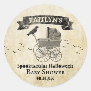 Sticker Rond Fête d'Halloween pour bébé avec poussette vintage