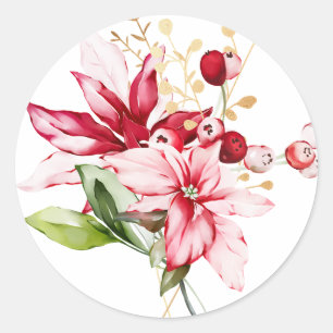 Sticker Rond Fête d'hiver poinsettia aquarelle fleurs