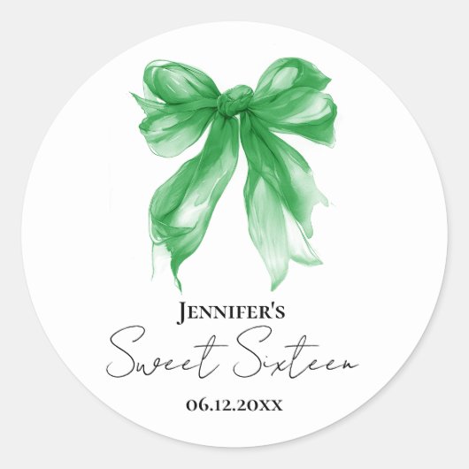 Sticker Rond Fête douce Coquette Green Bow Script 16 ans (Devant)