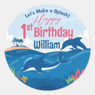Sticker Rond Fête du 1er anniversaire Fun et dauphins colorés