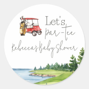 Sticker Rond Fête du Baby shower de golf Let's Par Tee Red Cart