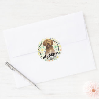 Sticker Rond Fête du premier anniversaire du Goldendoodle vert