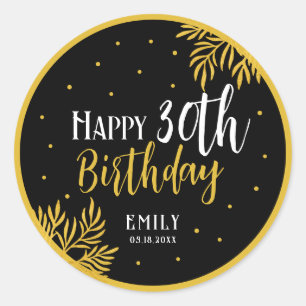 Sticker Rond Fête élégante Joyeux 30e anniversaire Or Feuillage
