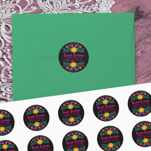 Sticker Rond Fête Florale Douze Ans Noir Rose Fiesta Mexicaine