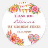 Sticker Rond Fête Florale rose 1er anniversaire Merci (Devant)