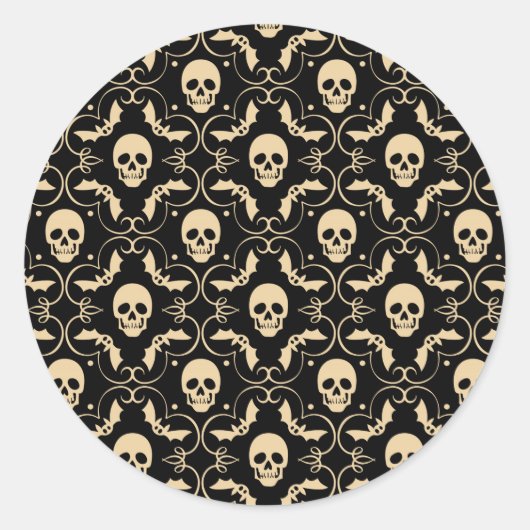 Sticker Rond Fête Halloween Crânes & Chauves-souris Noir & Crèm (Devant)