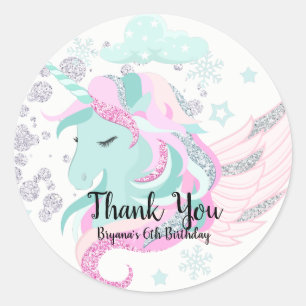 Sticker Rond Fête Licorne Paillettes Argentées Merveille Hivern