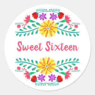 Sticker Rond Fête mexicaine blanche et rose sweet sixteen