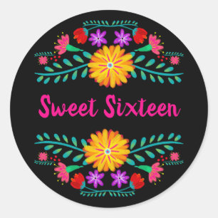 Sticker Rond Fête mexicaine noire et rose sweet sixteen
