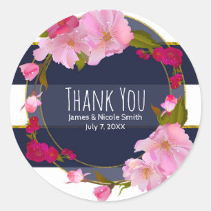 Sticker Rond Fête Moderne Florale Chic Glam Bleu Blanc et Or