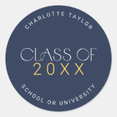 Sticker Rond Fête Moderne Navy Or Classe de 2026 Diplômé (Devant)