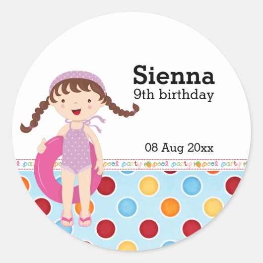 Sticker Rond Fête Piscine (Fille) (Devant)