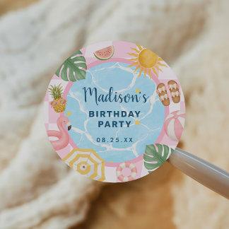 Sticker Rond Fête Piscine Fille Anniversaire Été