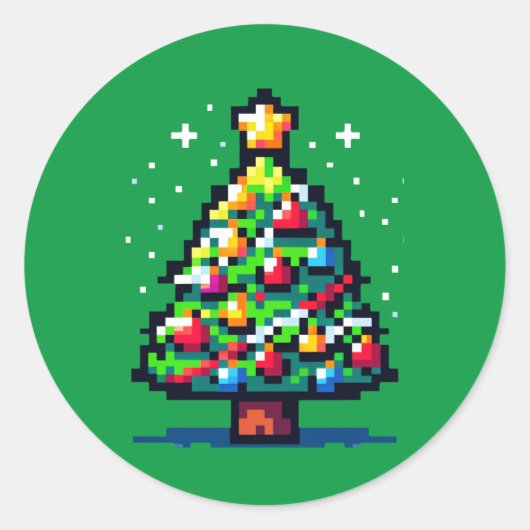 Sticker Rond Fête Pixelée : 8 bits Conception d'arbre de Noël (Devant)