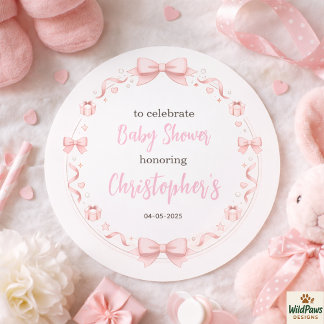 Sticker Rond Fête Prénatale de Bébé Fille à Nœud Rose – Une Fêt