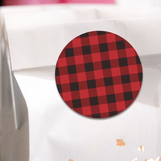 Sticker Rond fête rustique d'hiver en carreaux rouges de bison 