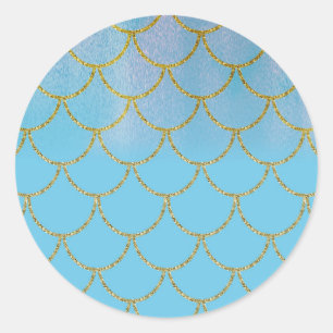 Sticker Rond Fête Sirène avec Reflet Irridescent Bleu et Or