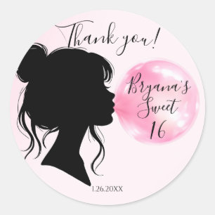 Sticker Rond Fête sucrée de rêve au bubble-gum rose pour 16 ans