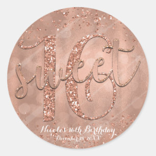 Sticker Rond Fête Sweet 16 Faveur de Glamour Rose Gold Rose