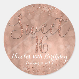 Sticker Rond Fête Sweet 16 Faveur de Glamour Rose Gold Rose