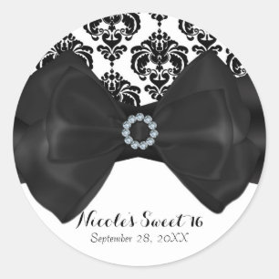 Sticker Rond Fête Sweet 16 Glamour Noir & Blanc Damassé Brillan