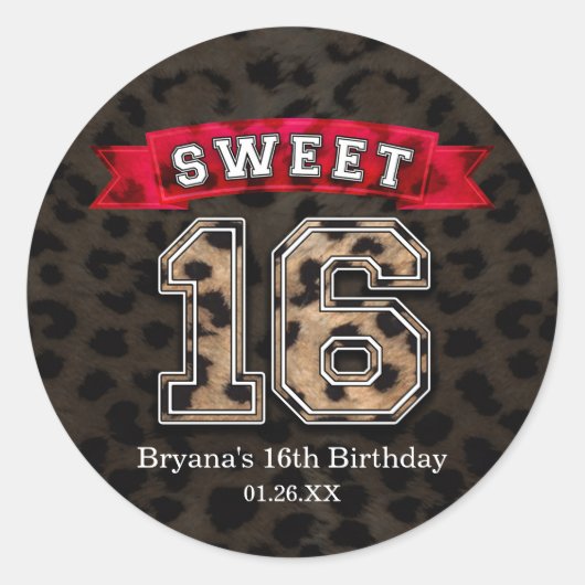 Sticker Rond Fête Sweet 16 Imprimé de léopard noir et rouge pou (Devant)
